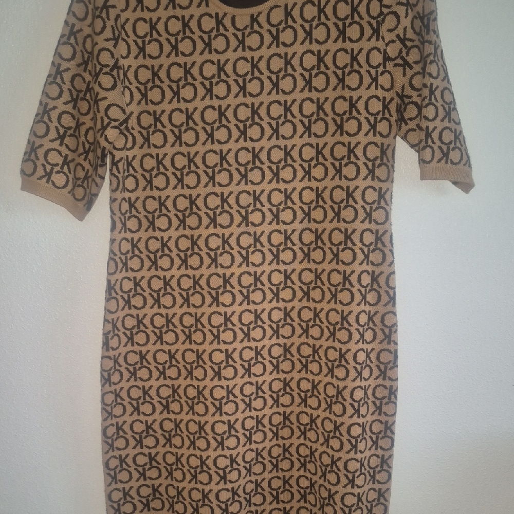 Calvin Klein Tan and Black Midi Dress